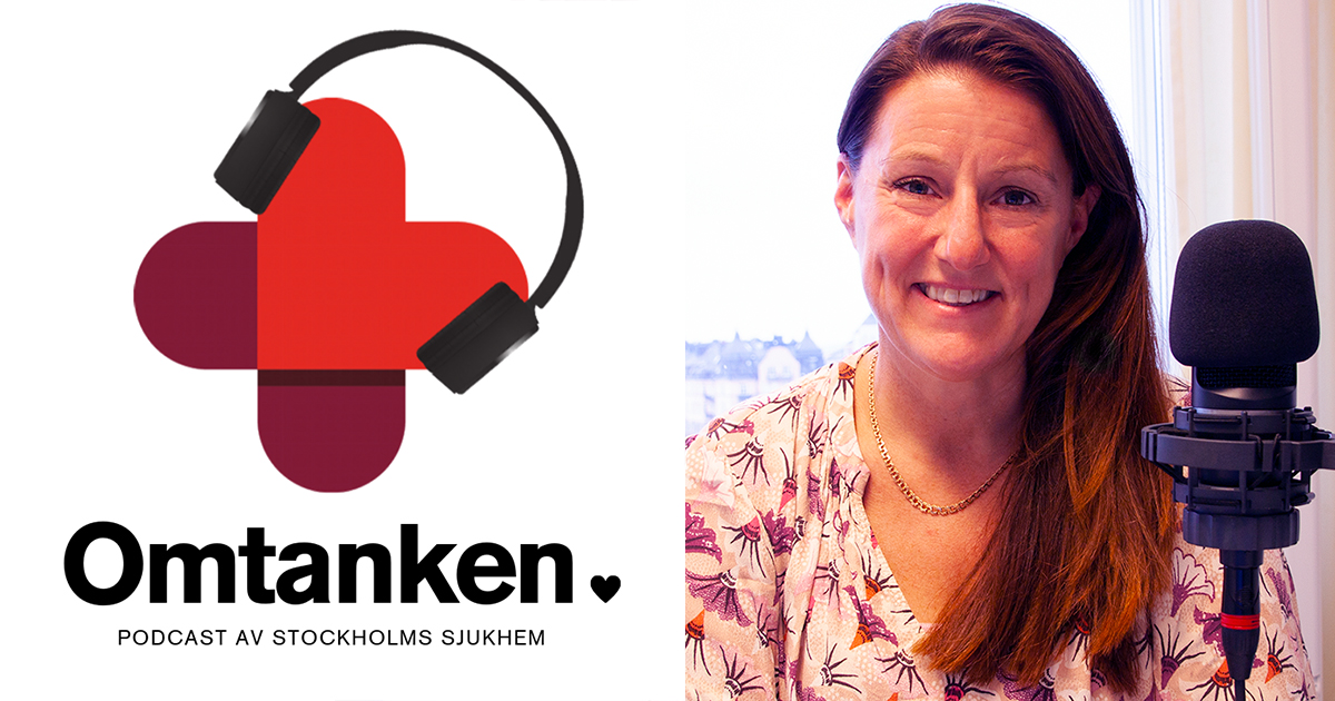 Kollage med bild på Erika Franzén, professor i fysioterapi. Den andra bilden föreställer podden Omtankens logotyp.